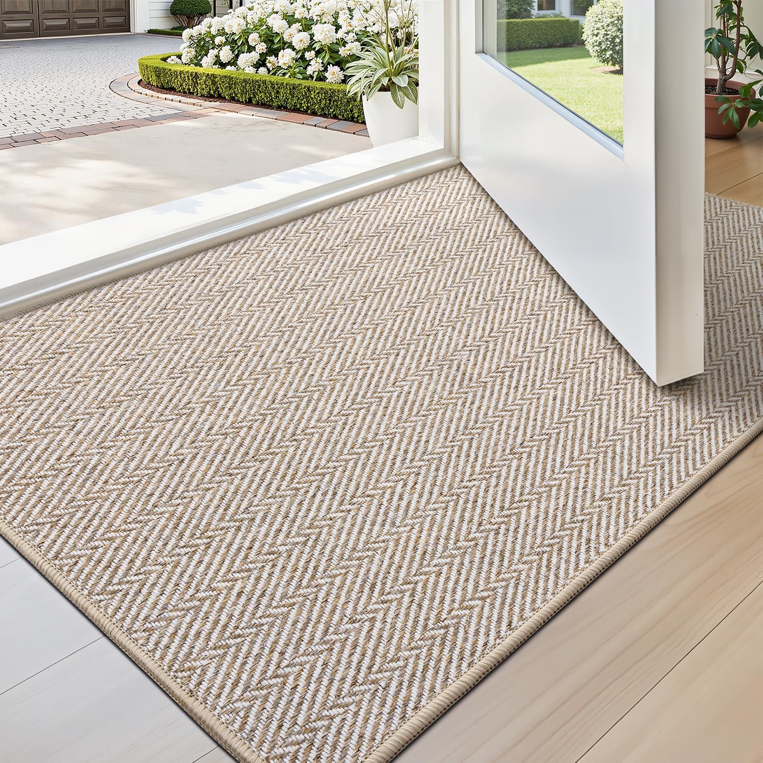 LUMI Ultra Thin Indoor Door Mat for Entrance 36"x56", Non Slip Entryway Mat, Low Profile Doormat, Unique Herringbone Design Carpet for Inside, Patio, Porch, Gray