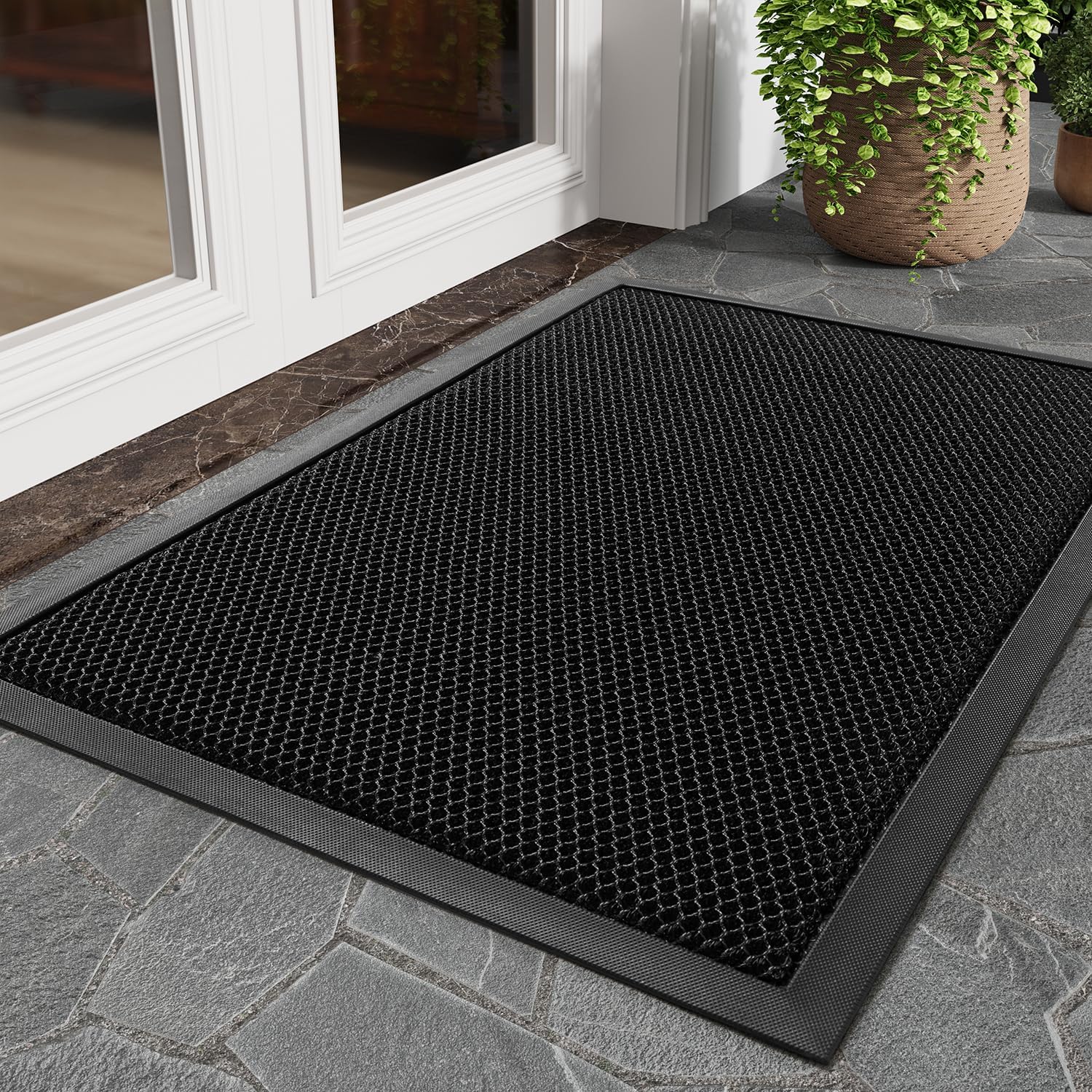 tchdio Front Door Mat Outside Entrance, Dirt Trapper Doormat-Entrance Welcome Matt Durable, Heavy Duty Entry Mat Non Slip Rubber Mats for Outside Stain Resist Door Mats for Entryway, 24"x36" Black