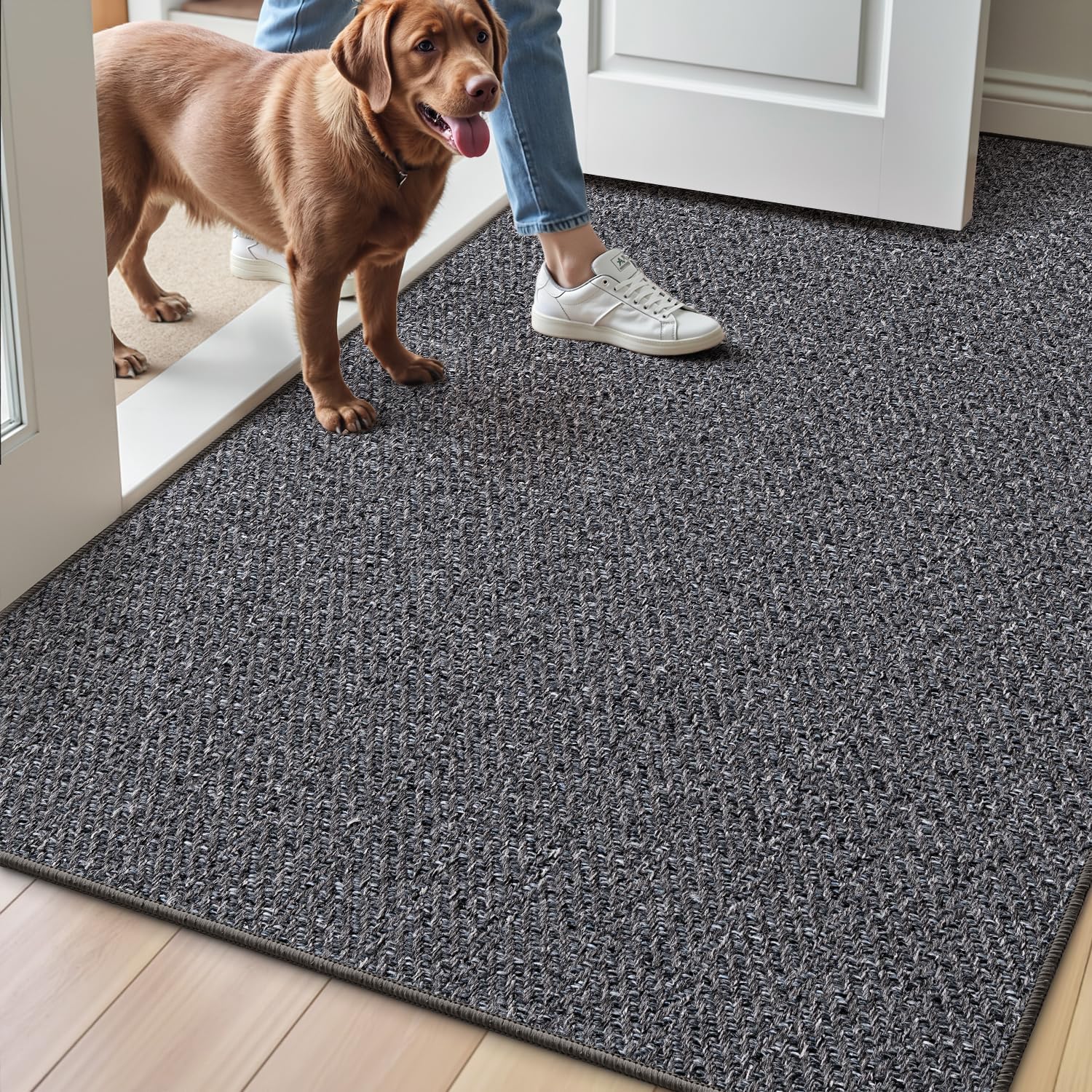 LUMI Ultra Thin Indoor Door Mat for Entrance 48"x72", Non Slip Entryway Mat, Low Profile Doormat, Unique Herringbone Design Carpet for Inside, Patio, Porch, Gray
