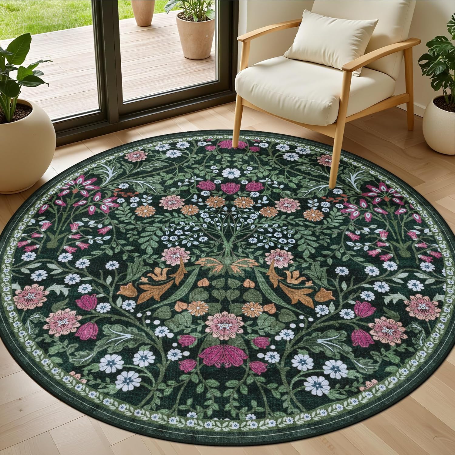 8x10 Area Rugs for Living Room: Floral Washable Rug Vintage Large Soft Boho Non-Slip Carpet Indoor Floor Stain Resistant Carpets for Bedroom Dining Room Farmhouse Nursery Home Office Dark Green