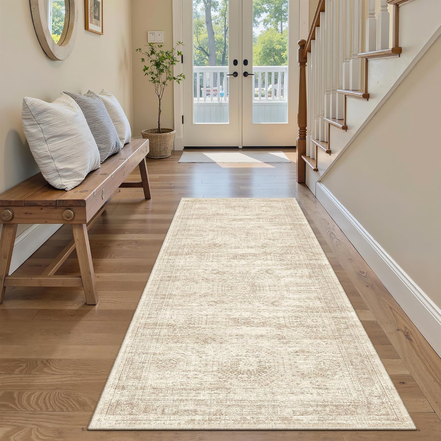 Washable Area Rug 8x10, Large Soft Rugs for Living Room Vintage Beige Carpet 8x10 Area Rugs for Bedroom Dining Room Non-Slip Stain Resistant Under Table Rug