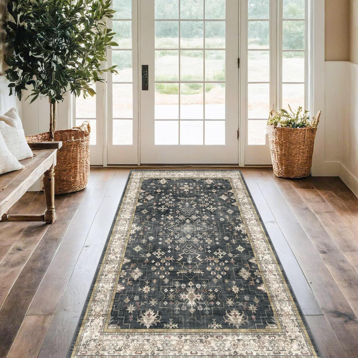 Black Farmhouse Washable 8x10 Area Rugs for Living Room, Bedroom, Dining Room Kitchen Table Rug for Under Table, Office, Dark Charcoal Tumble Stain Resistant Non-Slip Large Washable (8x10 Black/Multi)