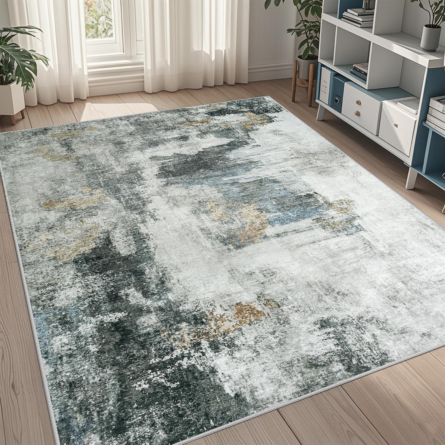 8x10 Area Rugs for Living Room Rug Washable: Abstract Large Rug for Dining Room Bedroom Carpet Non Slip 8 by 10 Indoor Modern Nursery Home Office Blue Grey