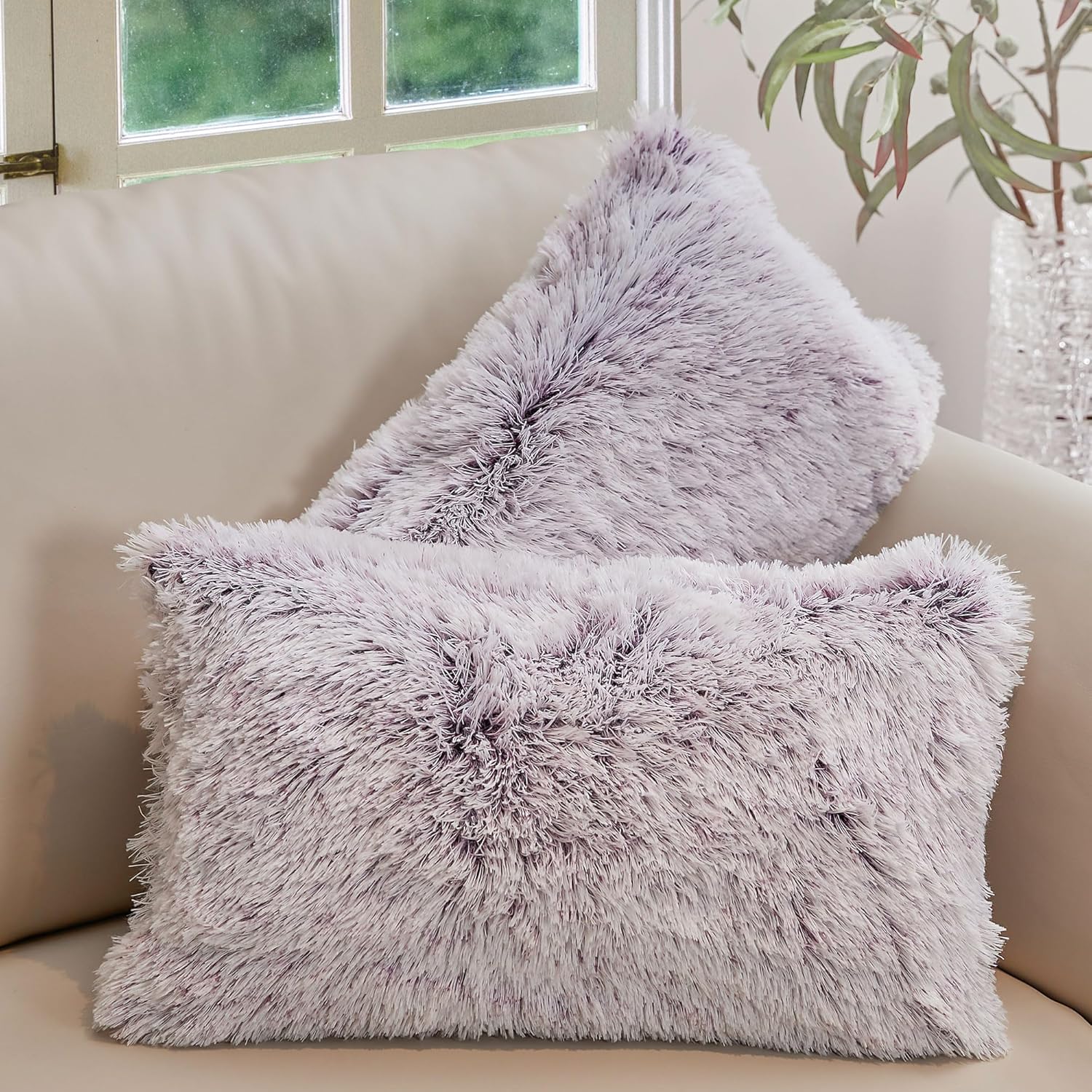 Cheer Collection Throw Pillows for Couch and Bed, Soft Shaggy Throw Pillows with Inserts Included, Cozy Long Hair Faux Fur Pillows - Set of 2-18" x 18" - Gray