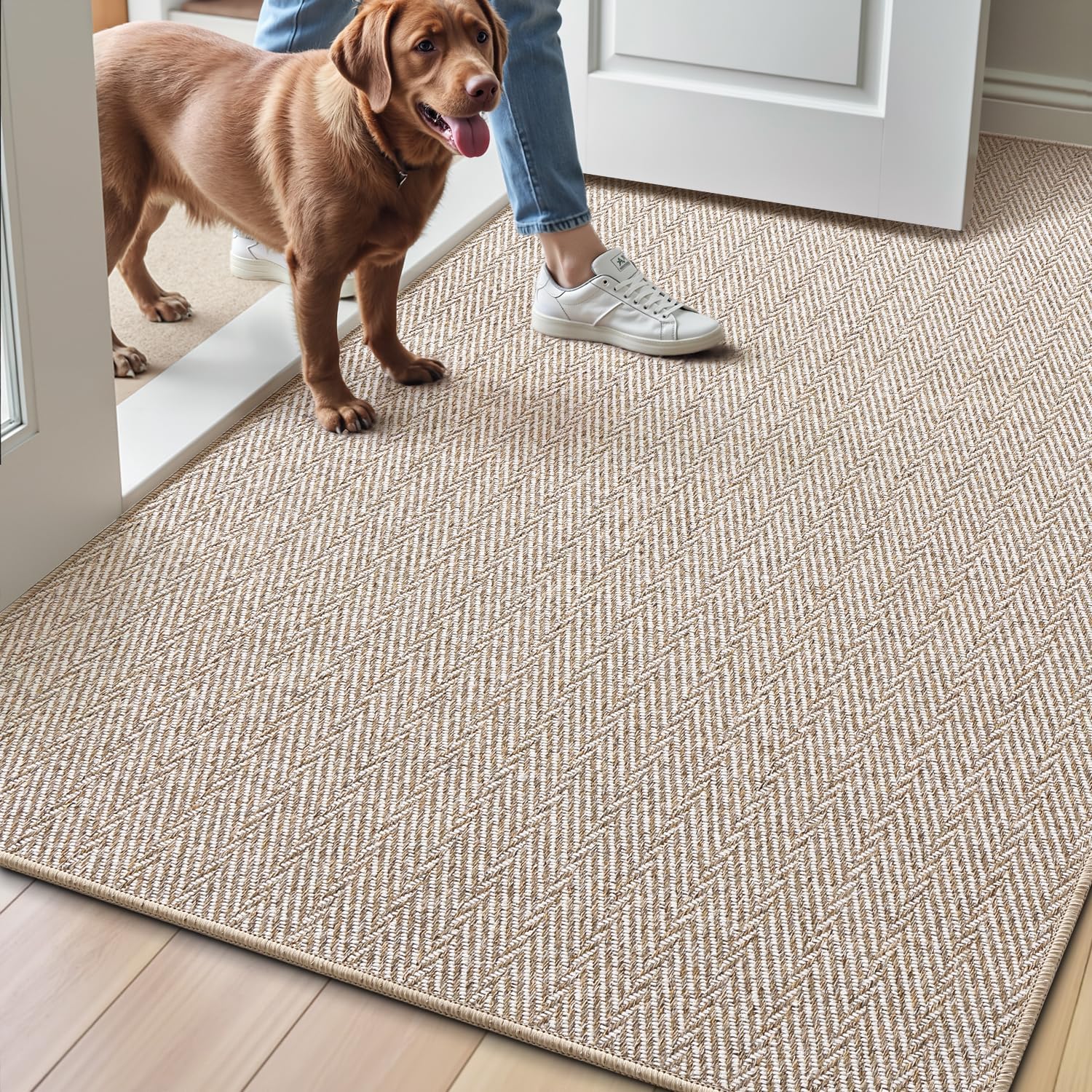 LUMI Ultra Thin Indoor Door Mat for Entrance 36"x56", Non Slip Entryway Mat, Low Profile Doormat, Unique Herringbone Design Carpet for Inside, Patio, Porch, Gray