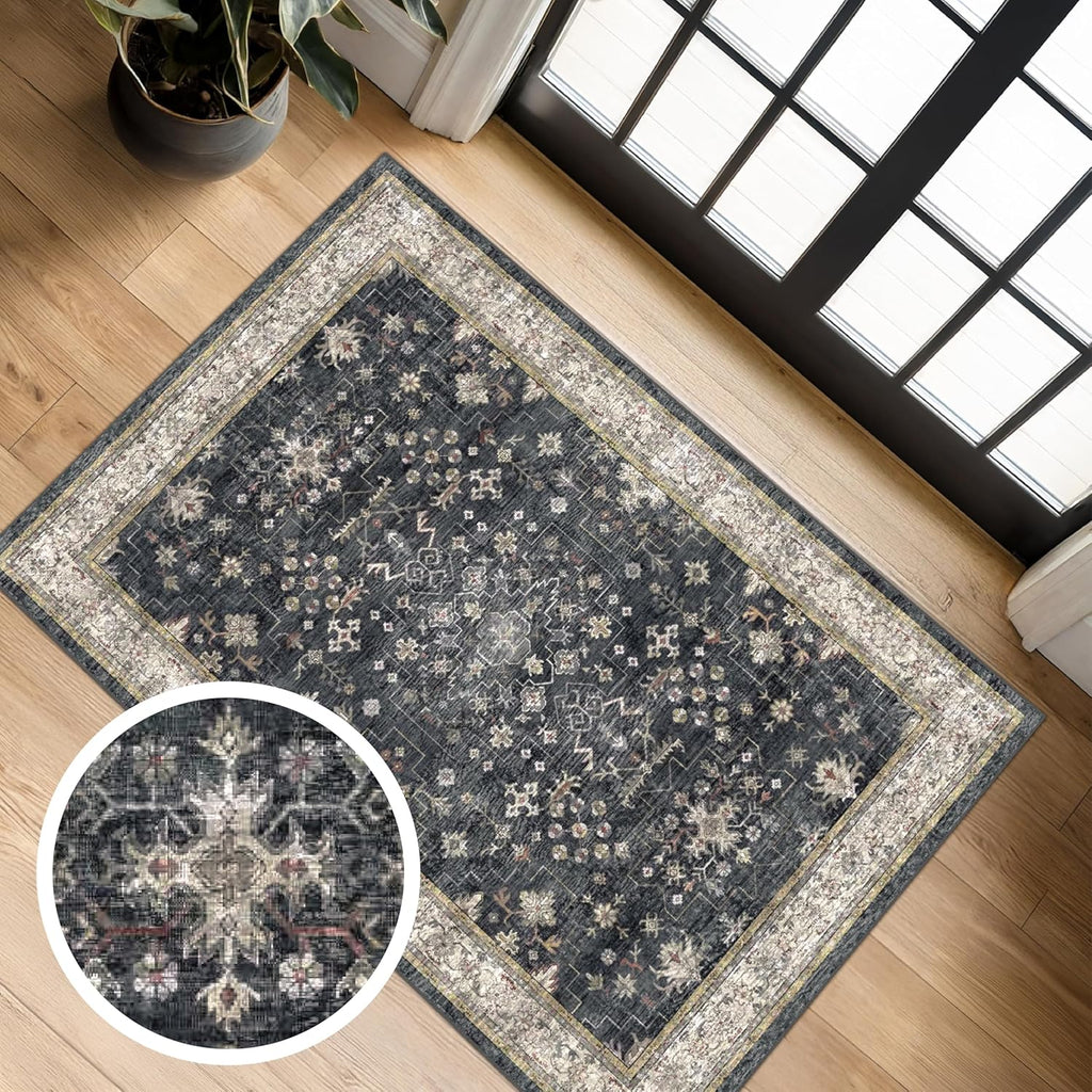 Black Farmhouse Washable 8x10 Area Rugs for Living Room, Bedroom, Dining Room Kitchen Table Rug for Under Table, Office, Dark Charcoal Tumble Stain Resistant Non-Slip Large Washable (8x10 Black/Multi)