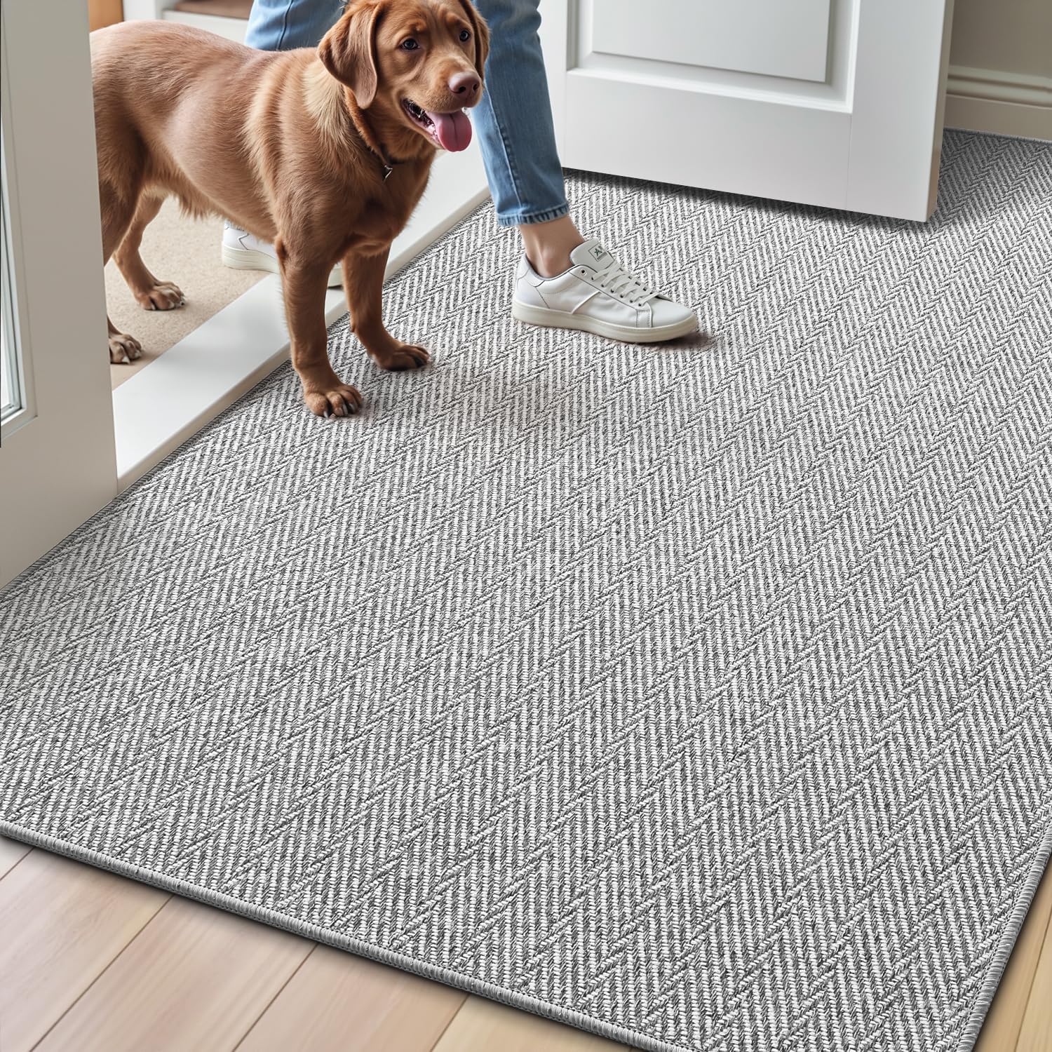 LUMI Ultra Thin Indoor Door Mat for Entrance 48"x72", Non Slip Entryway Mat, Low Profile Doormat, Unique Herringbone Design Carpet for Inside, Patio, Porch, Gray