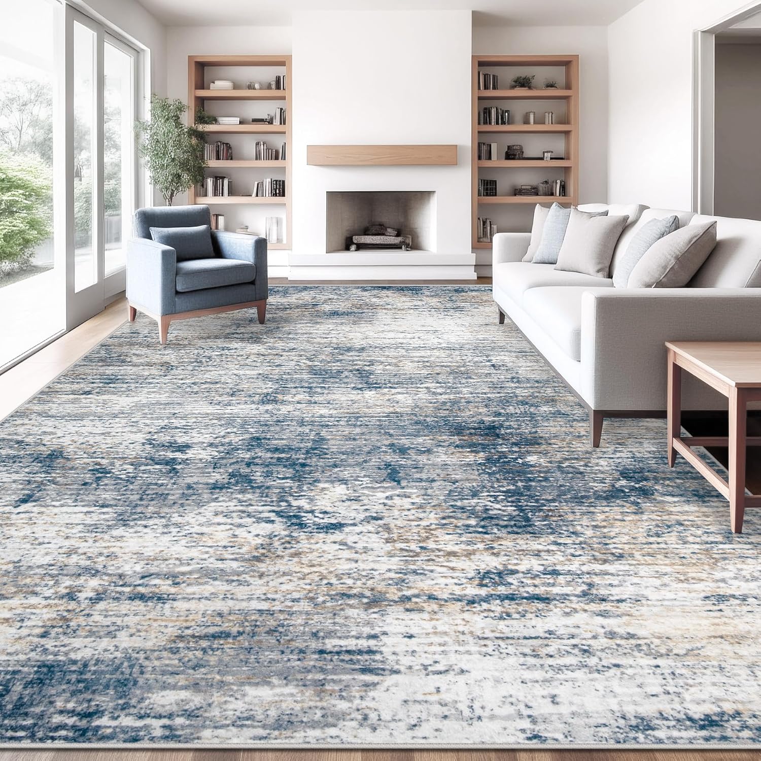 8x10 Area Rugs for Living Room, Washable Modern Abstract Large Area Rug Neutral Soft Non Slip Kids Rug Stain Resistant Indoor Carpet for Bedroom Nursery Dining Room Playroom Home Office(Blue, 8'x10')