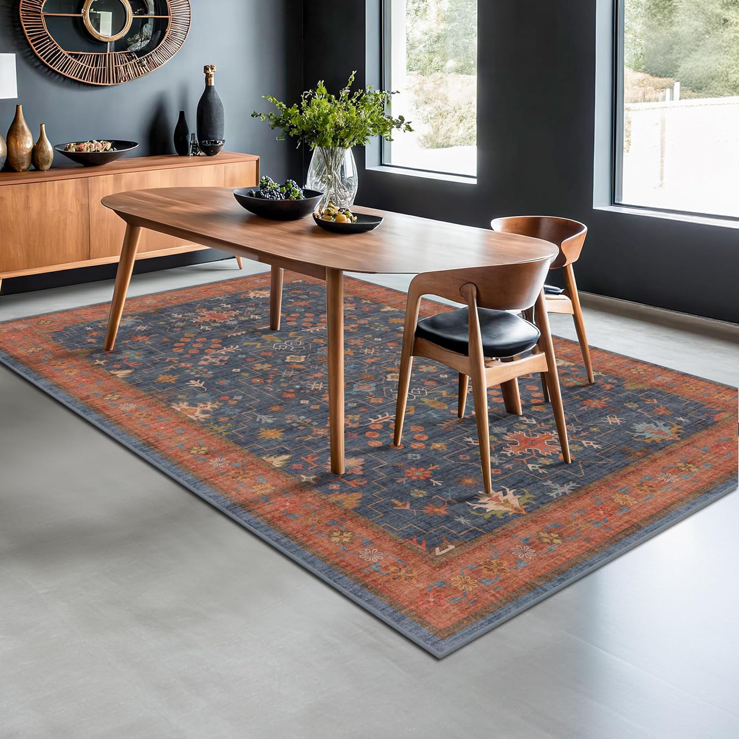 Black Farmhouse Washable 8x10 Area Rugs for Living Room, Bedroom, Dining Room Kitchen Table Rug for Under Table, Office, Dark Charcoal Tumble Stain Resistant Non-Slip Large Washable (8x10 Black/Multi)