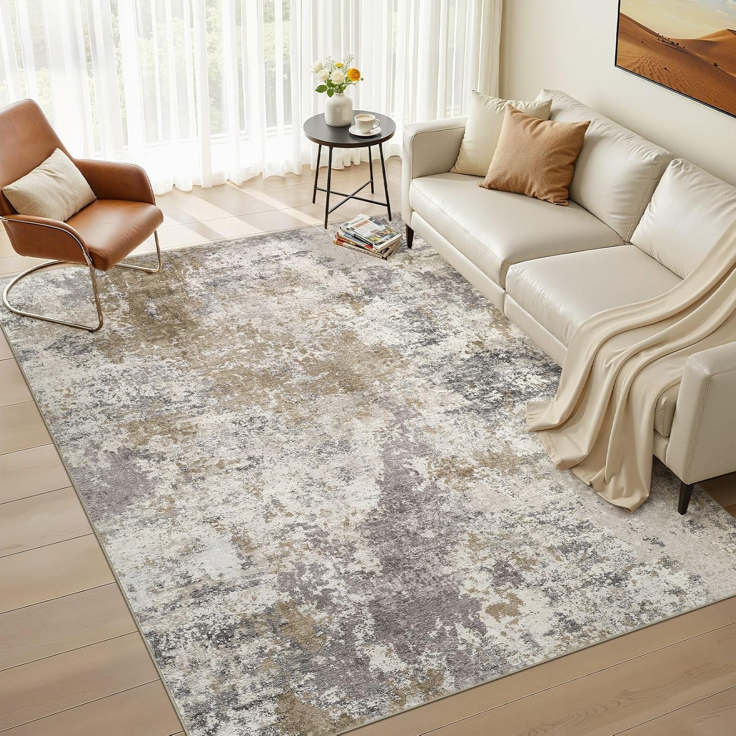 Nakagishi 8X10 Area Rugs for Living Room: Washable Modern Abstract Rug with Non-Slip Silicone Backing Low Pile Soft Carpet for Bedroom & Dining Decor Ideal for Families with Kids and Pets-Brown