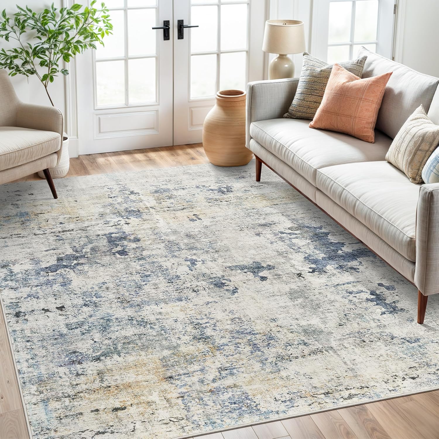 Washable Area Rug 8x10, Large Soft Rugs for Living Room Vintage Beige Carpet 8x10 Area Rugs for Bedroom Dining Room Non-Slip Stain Resistant Under Table Rug