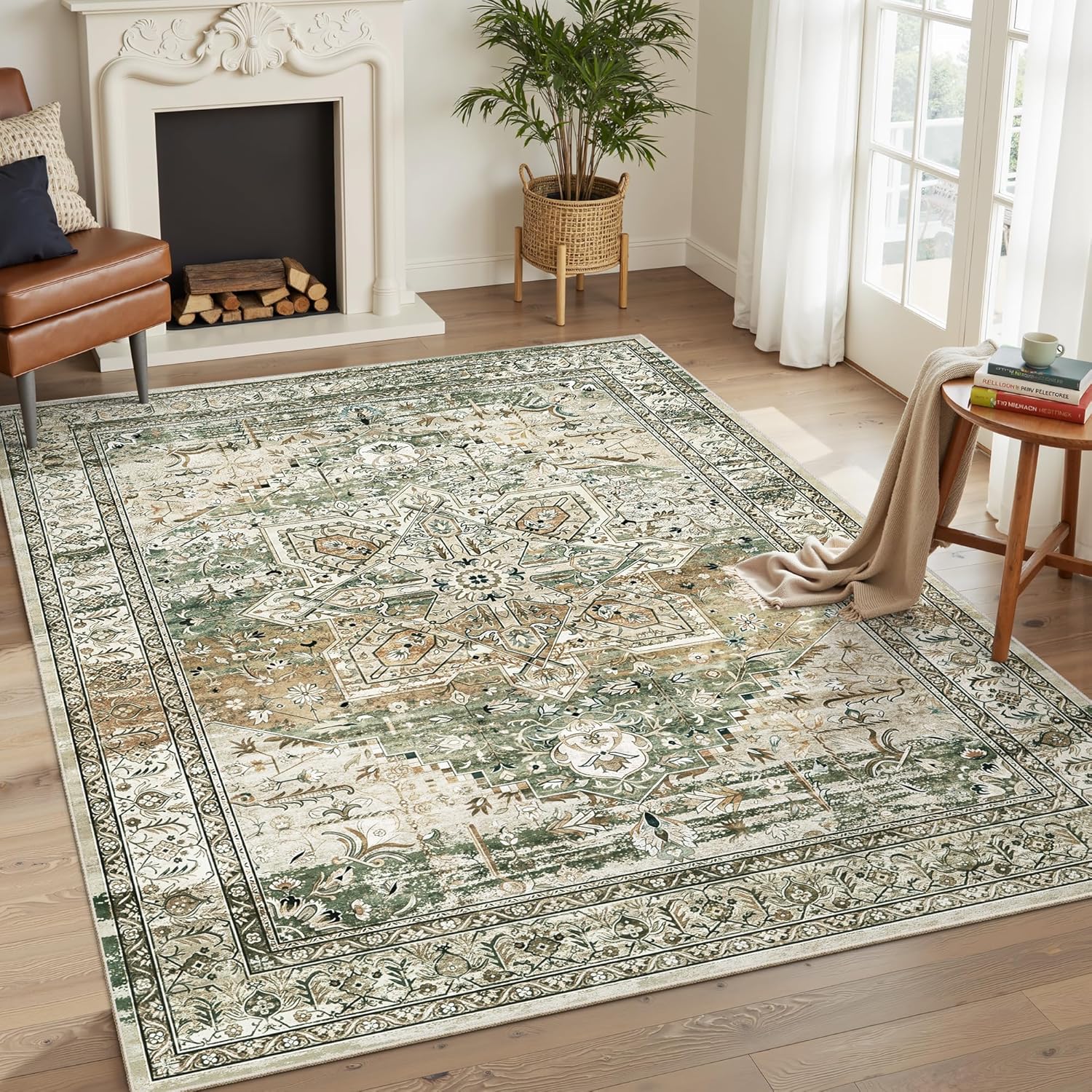 Washable Area Rug 8x10, Large Soft Rugs for Living Room Vintage Beige Carpet 8x10 Area Rugs for Bedroom Dining Room Non-Slip Stain Resistant Under Table Rug