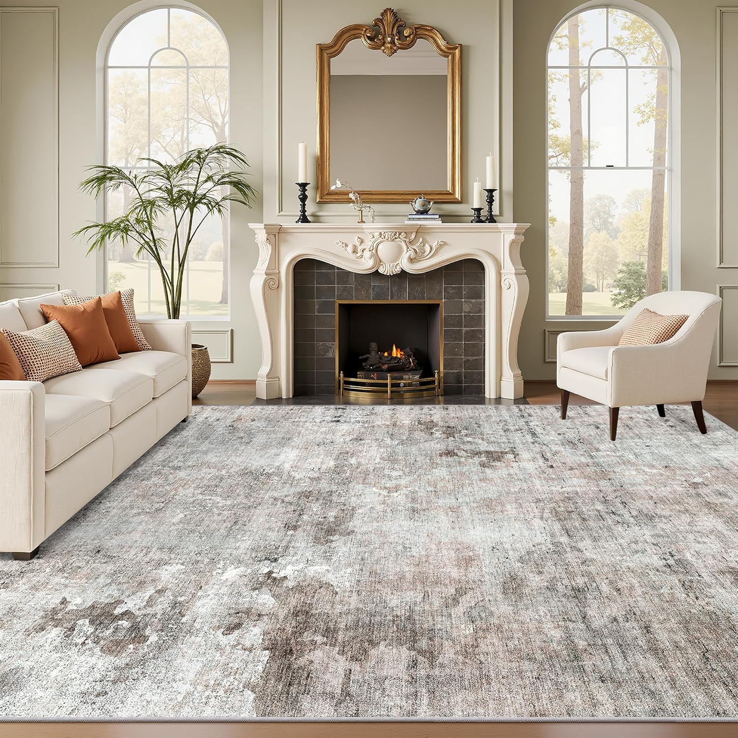 Washable Area Rug 8x10, Large Soft Rugs for Living Room Vintage Beige Carpet 8x10 Area Rugs for Bedroom Dining Room Non-Slip Stain Resistant Under Table Rug