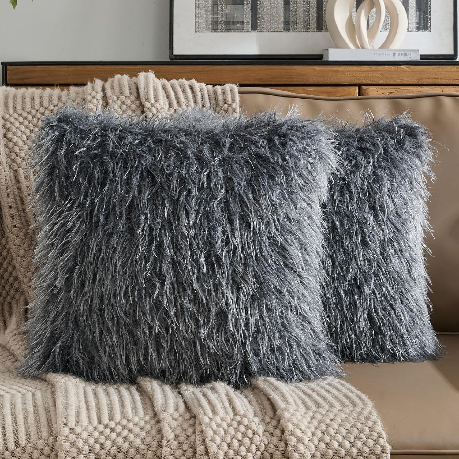 FUTEI Dark Coffee Decorative Throw Pillow Covers 18x18 Inch Set of 2,Soft Faux Fine Wool Textured Cushion Case,Luxury Home Decor for Couch Bed Living Room