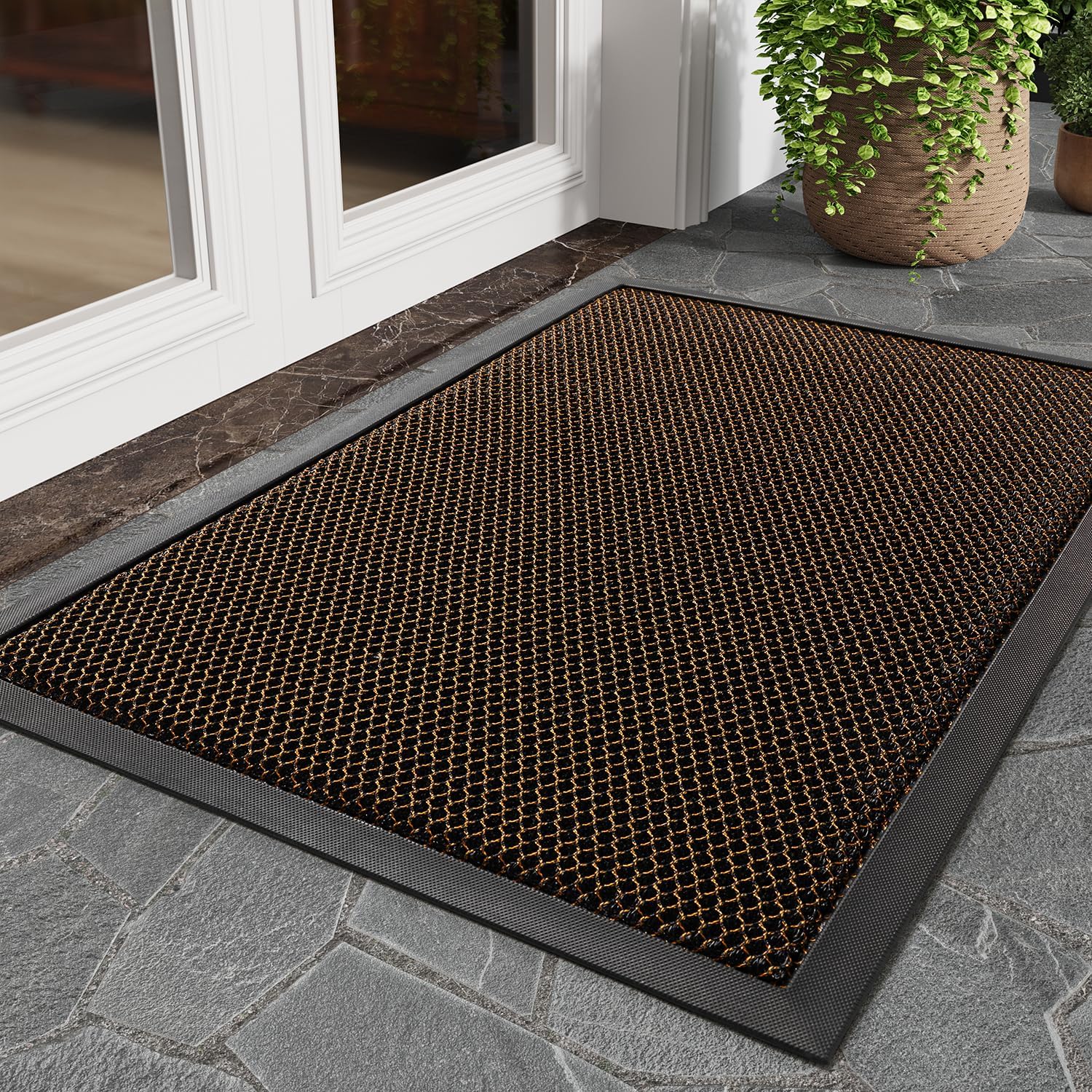 tchdio Front Door Mat Outside Entrance, Dirt Trapper Doormat-Entrance Welcome Matt Durable, Heavy Duty Entry Mat Non Slip Rubber Mats for Outside Stain Resist Door Mats for Entryway, 24"x36" Black
