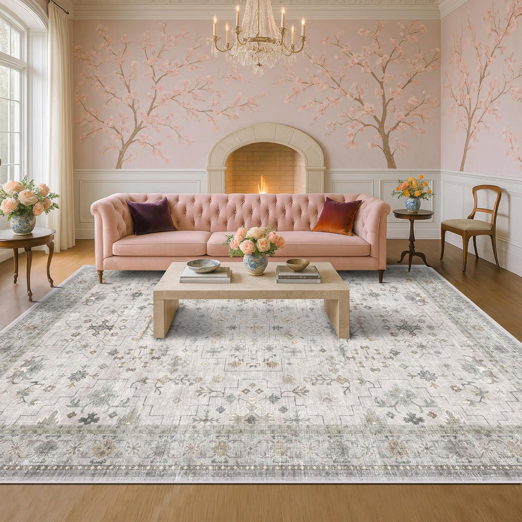 Black Farmhouse Washable 8x10 Area Rugs for Living Room, Bedroom, Dining Room Kitchen Table Rug for Under Table, Office, Dark Charcoal Tumble Stain Resistant Non-Slip Large Washable (8x10 Black/Multi)