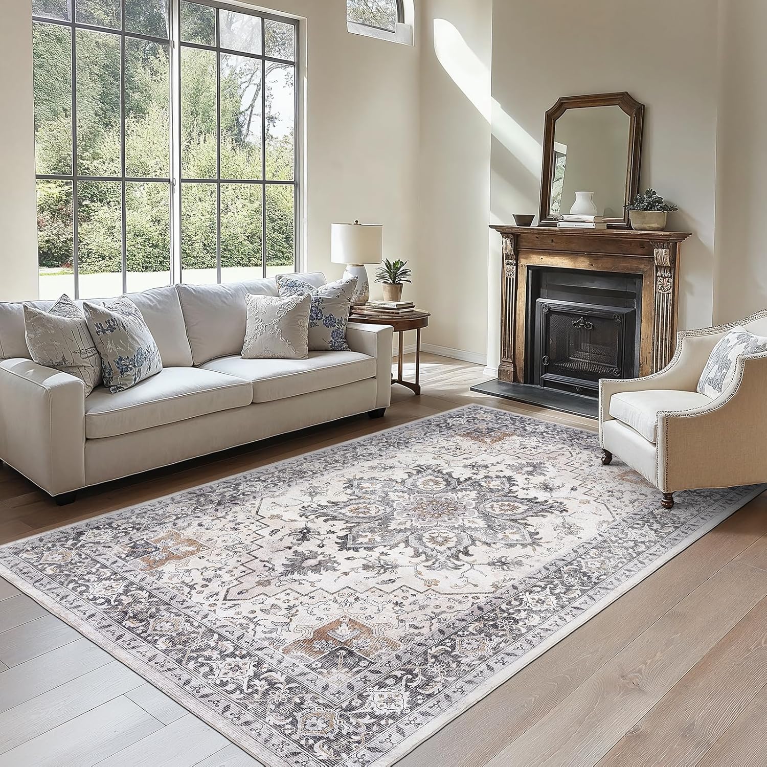 AMADA HOMEFURNISHING 8x10 Washable Area Rug, Low-Profile Large Area Rug with Non-Slip Backing & Durable Edge Binding, Vintage Large Rugs for Living Room, Bedroom, Dining Room