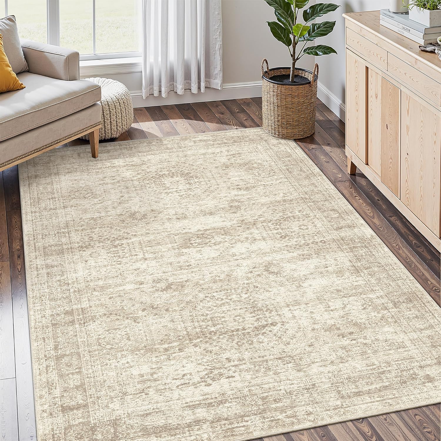 Washable Area Rug 8x10, Large Soft Rugs for Living Room Vintage Beige Carpet 8x10 Area Rugs for Bedroom Dining Room Non-Slip Stain Resistant Under Table Rug