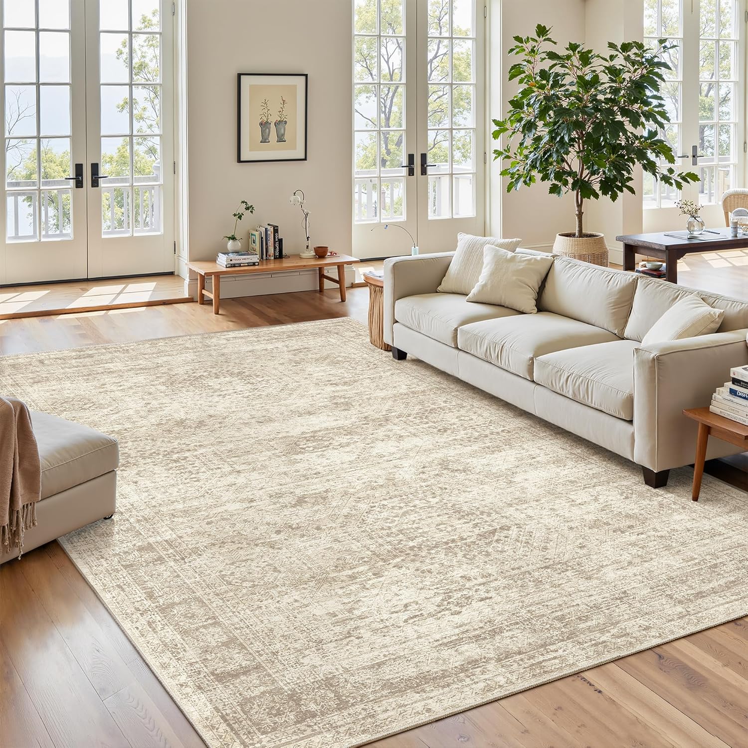 Washable Area Rug 8x10, Large Soft Rugs for Living Room Vintage Beige Carpet 8x10 Area Rugs for Bedroom Dining Room Non-Slip Stain Resistant Under Table Rug