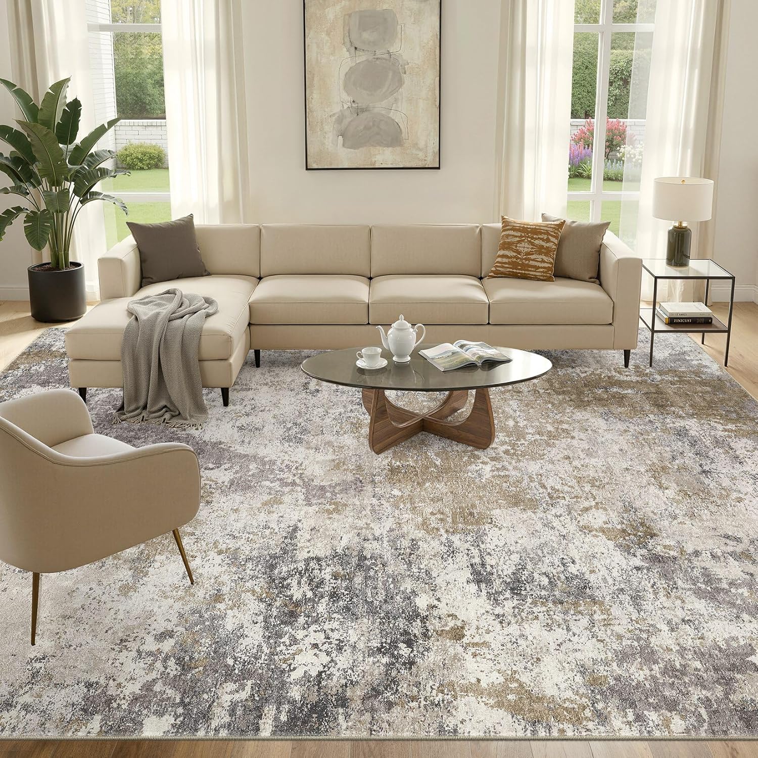 Nakagishi 8X10 Area Rugs for Living Room: Washable Modern Abstract Rug with Non-Slip Silicone Backing Low Pile Soft Carpet for Bedroom & Dining Decor Ideal for Families with Kids and Pets-Brown