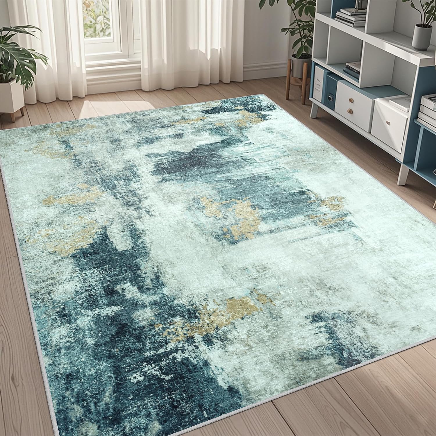 8x10 Area Rugs for Living Room Rug Washable: Abstract Large Rug for Dining Room Bedroom Carpet Non Slip 8 by 10 Indoor Modern Nursery Home Office Blue Grey