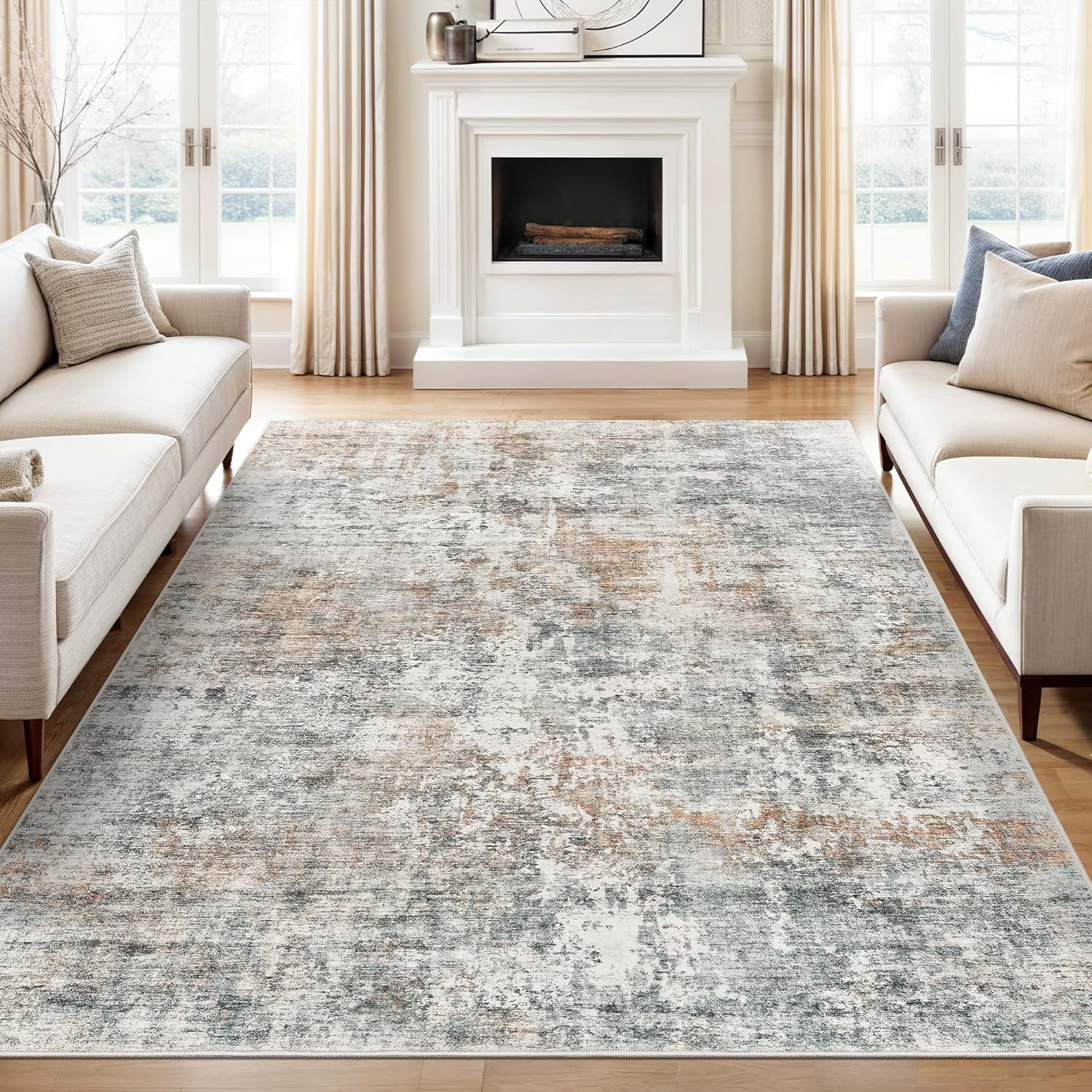 Washable Area Rug 8x10, Large Soft Rugs for Living Room Vintage Beige Carpet 8x10 Area Rugs for Bedroom Dining Room Non-Slip Stain Resistant Under Table Rug