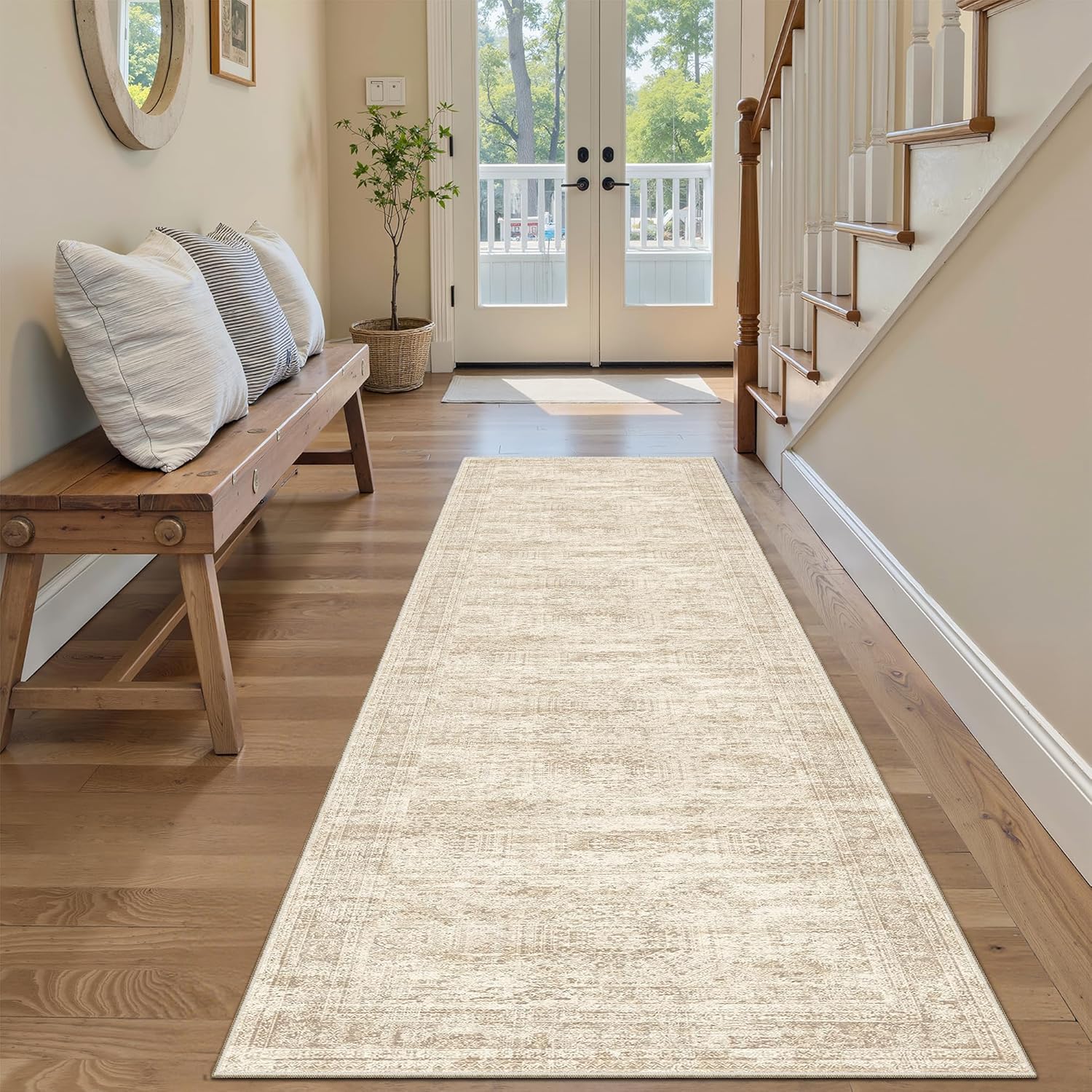 Washable Area Rug 8x10, Large Soft Rugs for Living Room Vintage Beige Carpet 8x10 Area Rugs for Bedroom Dining Room Non-Slip Stain Resistant Under Table Rug