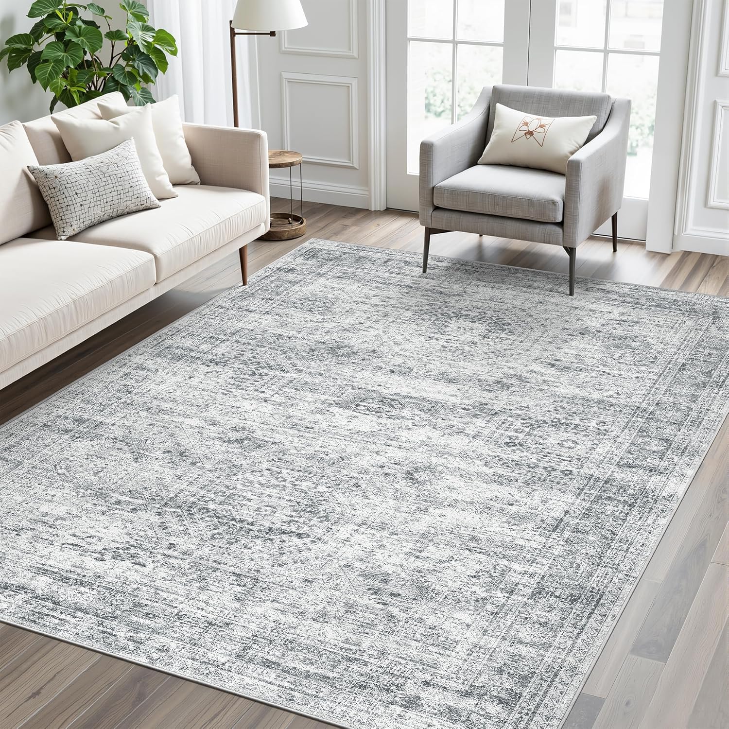 Washable Area Rug 8x10, Large Soft Rugs for Living Room Vintage Beige Carpet 8x10 Area Rugs for Bedroom Dining Room Non-Slip Stain Resistant Under Table Rug